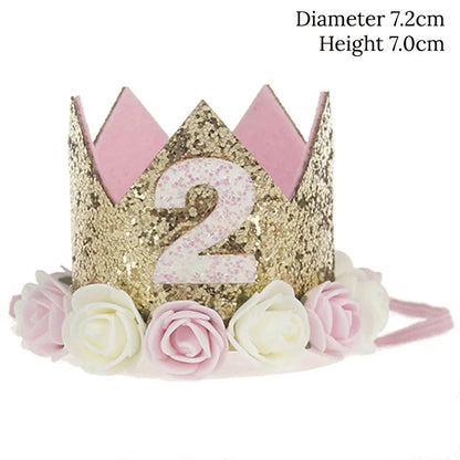 Baby Birthday Decoration Girl 1 2 3 Years Crown Hat Pink White Flower Sequins Crown 1st birthday Photo Prop Happy Birthday Gifts Good Vibrations