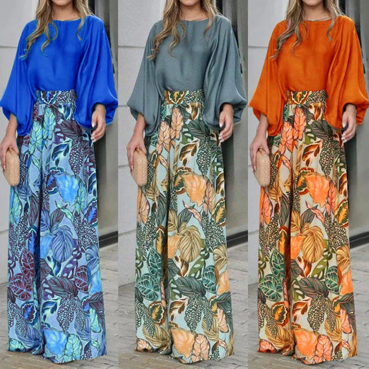 Women's 2 Piece Set 2024 New Fashion Autumn Solid Long Sleeve T-shirts & Digital Print Wide Leg Pants Suit Woman Pants Set Good Vibrations