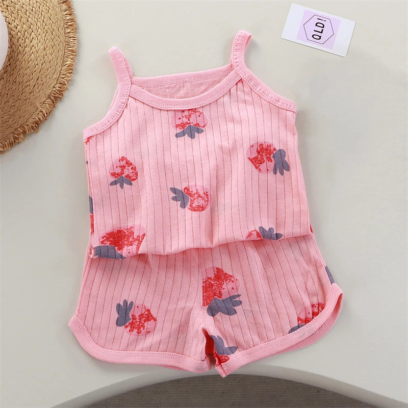 2026 New Kids Tops+shorts Set Summer Thin Baby Cotton Vest Sleeveless Loungewear Set for Girls Suit Good Vibrations