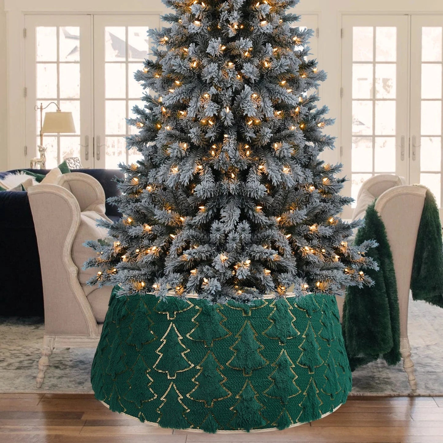 Christmas Tree Collar Red and Green Felt Decorations Tree Skirt Alternative Stereoscopic Tree Bottom Surrounder Party Display Good Vibrations