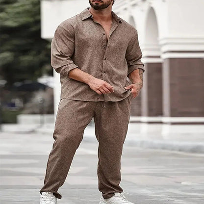 Men Shirt 2 Piece Sets Top Straight Pants Suit Single Breasted Turn Down Collar Drawstring Outfits 2025 Autumn Casual Ensemble Good Vibrations