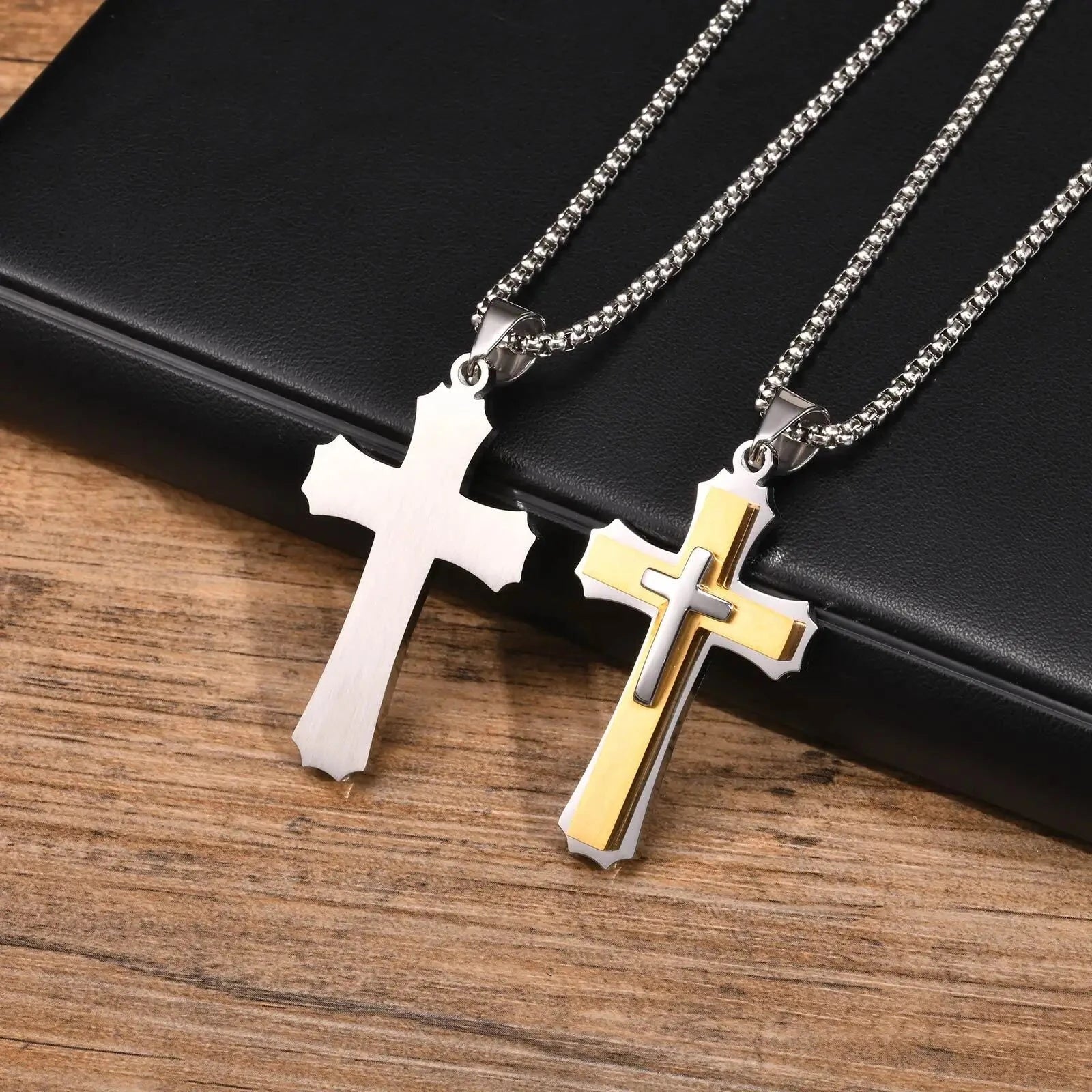 3D Cross Pendant Necklaces for Men Boys,Black Gold Color Stainless Steel Cross Necklace,Hiphop Punk Party Gift Good Vibrations
