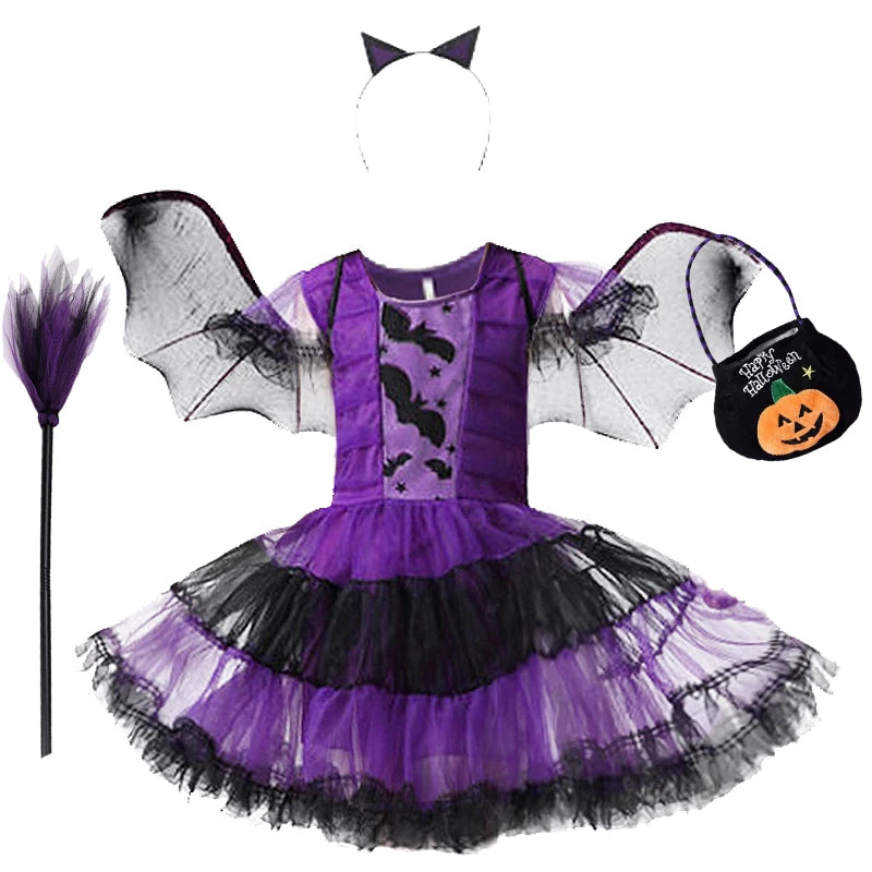 Halloween Costume for Girls Witch Vampire Carnival Party Dress Up Trappings Kids Cosplay Clothes Purple Bat Suit Holiday Gifts Good Vibrations