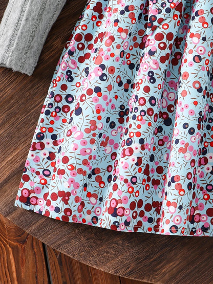 Spring and Autumn Girls' Simple Casual Versatile Knitted Round Neck Long-Sleeved Floral Dress Girls' Daily Casual Dress Good Vibrations