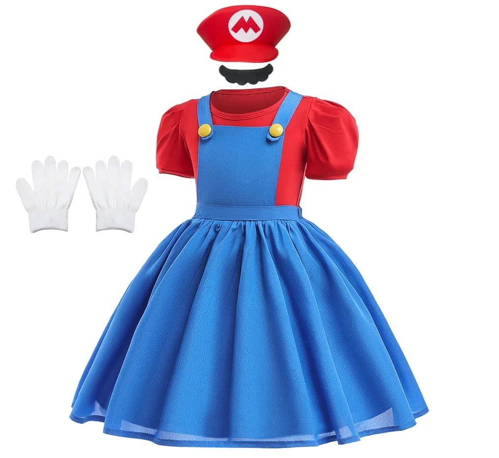Halloween Costume Sets For Children Cartoon Bros Cosplay Dress+Top+Hat+Fake Beard Birthday Girls Party Dresses Carnival Clothing Good Vibrations