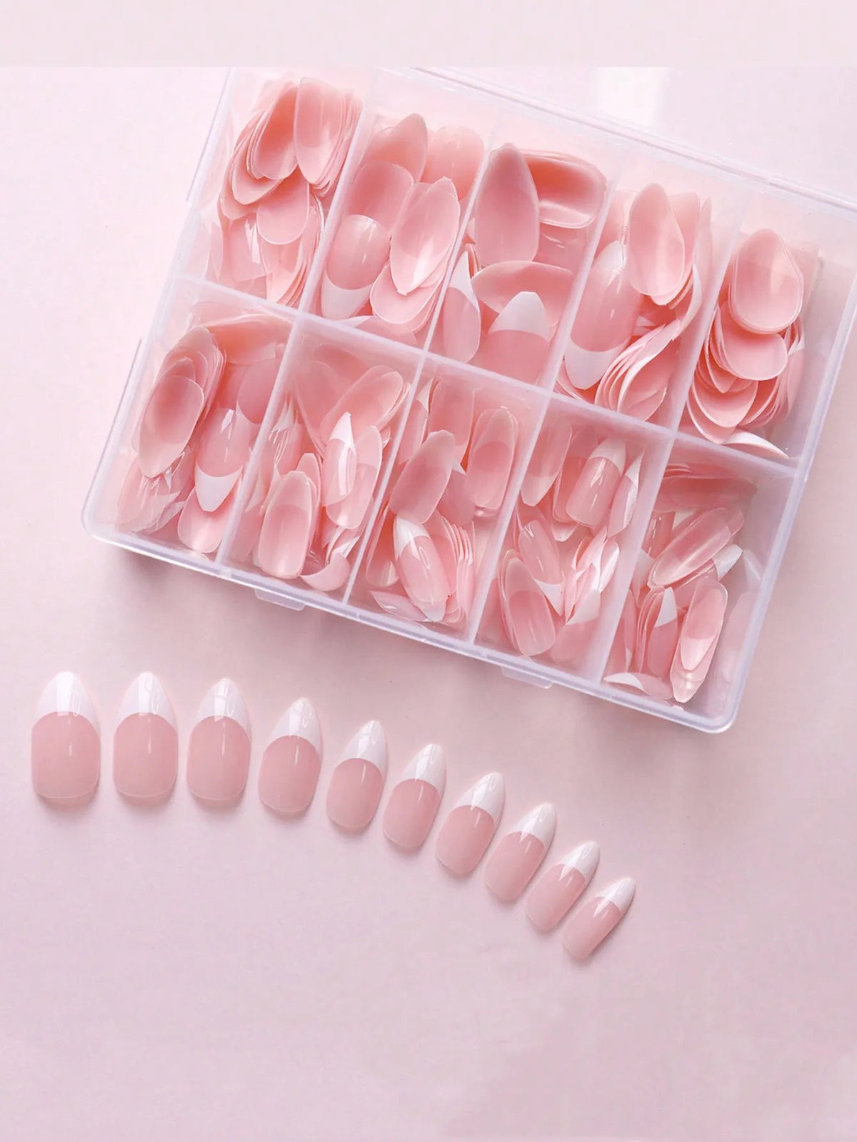 360Pcs/box Glossy Soft Gel Pink French Nail Tips Medium Almond White Simple Press On Nails 10Grids Huge Capacity False Nails*& Good Vibrations