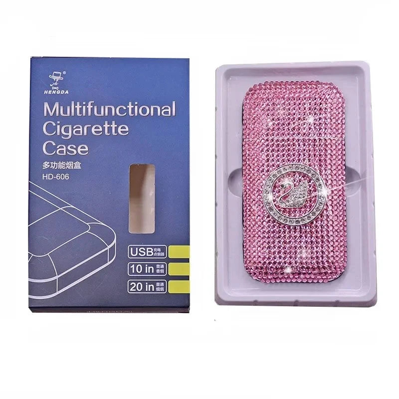 Luxury Rhinestone Cigarette Box with USB Charging Lighter Windproof Portable Smoking Accessories Fashionable Women's Gift Good Vibrations Adult Super Store