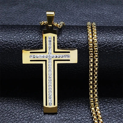 Catholic Jesus Cross Stainless Steel Necklace Saint Benedict Crystal Virgin Mary Pendant Crucifix Male Necklaces Jewelry cruz Good Vibrations