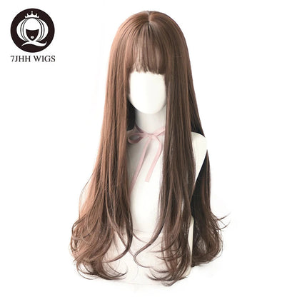 7JHHWIGS Long Wavy Synthetic Black Wigs For Women With Fringe Fashion Heat Resistant Mid-Length Daily Straight Light Brown Hair Good Vibrations