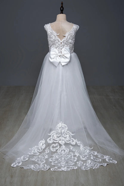 White Bridesmaid Dress For Girls Lace Big Bow Flower Girl Dresses Ball Gown Kids Wedding Party Pageant First Communion Gown Good Vibrations