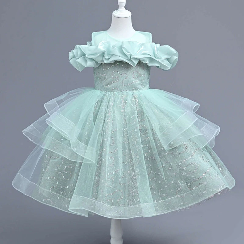 New Girl's Wedding Evening Dress Petal Sequin Mesh Sleeveless Dress Birthday Party School Graduation Party Dress Good Vibrations