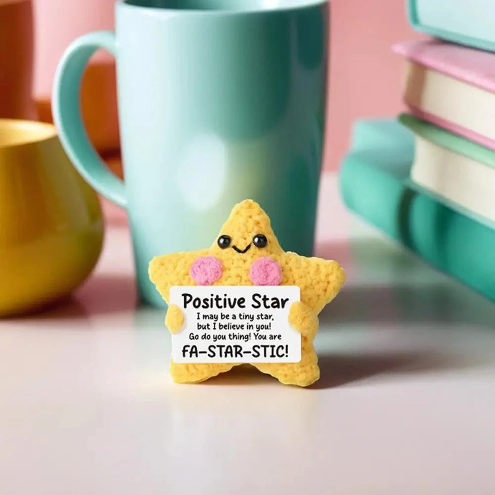 Cute Handwoven Positive Energy Star Ornaments Pocket Hug Crochet Doll Mini Handmade Knitted Plush Home Room Decor Party Gift Good Vibrations