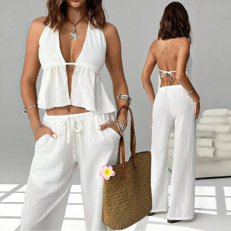Women 2 Piece Outfits Halter Backless Tie Up Crop Top and Wide Leg Pants Casual Summer Vacation Two Piece Loungewear Tracksuit Good Vibrations