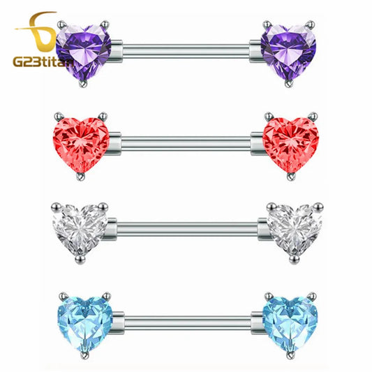 G23titan 2pcs Double Heart Zircon Nipple Rings 14G Titanium Or Steel Barbell Women Nipple Piercing Summer Jewelry Sexy Accessory Good Vibrations Adult Super Store