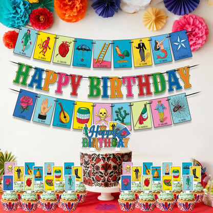 Traditional Colorful Mexican Decoration, Pre-strung Mexican Game Theme Birthday Banner & Cake Cupcake Topper Good Vibrations