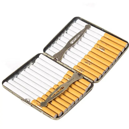 Retro brass cigarette box case holder with frosted finish, open to show organized storage for cigarettes.