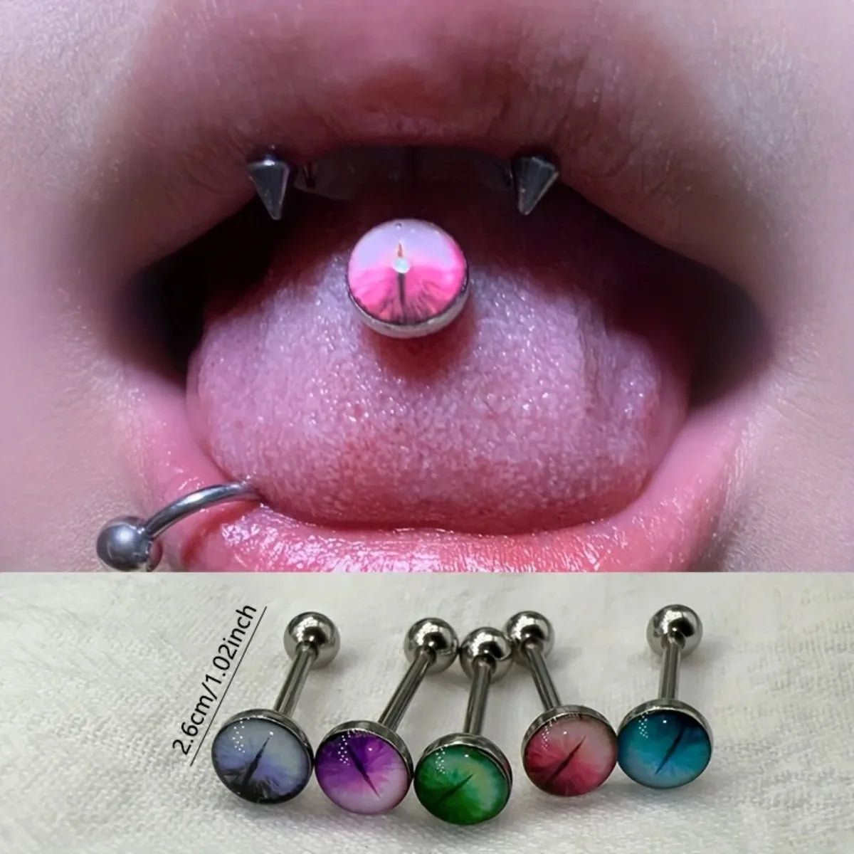 New Trendy Hypoallergenic Stainless Steel Colorful Eye Tongue Rings for Women Tongue Stud Body Piercing Jewelry Good Vibrations