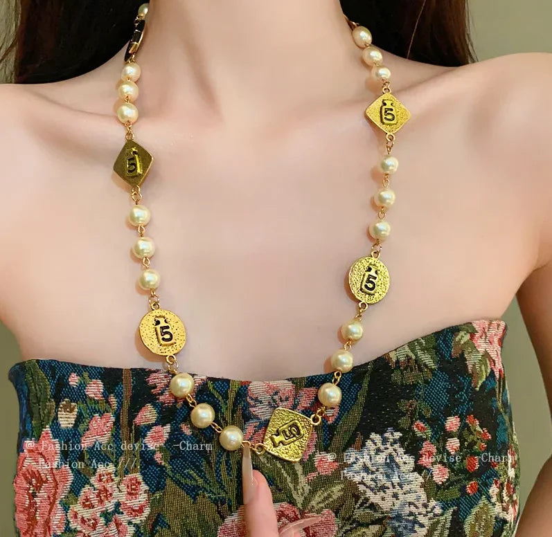 Vintage Chain Pearl Necklace earring for Women  Sweater Jewelry set Good Vibrations