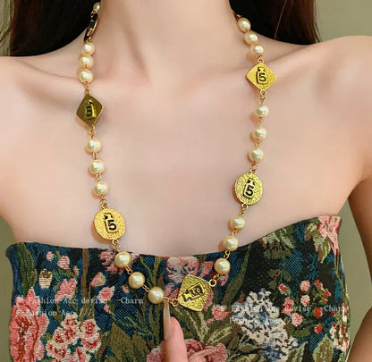 Vintage Chain Pearl Necklace earring for Women  Sweater Jewelry set Good Vibrations