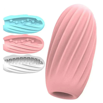 Male masturbator cup with realistic textures and multiple internal structures for enhanced stimulation.