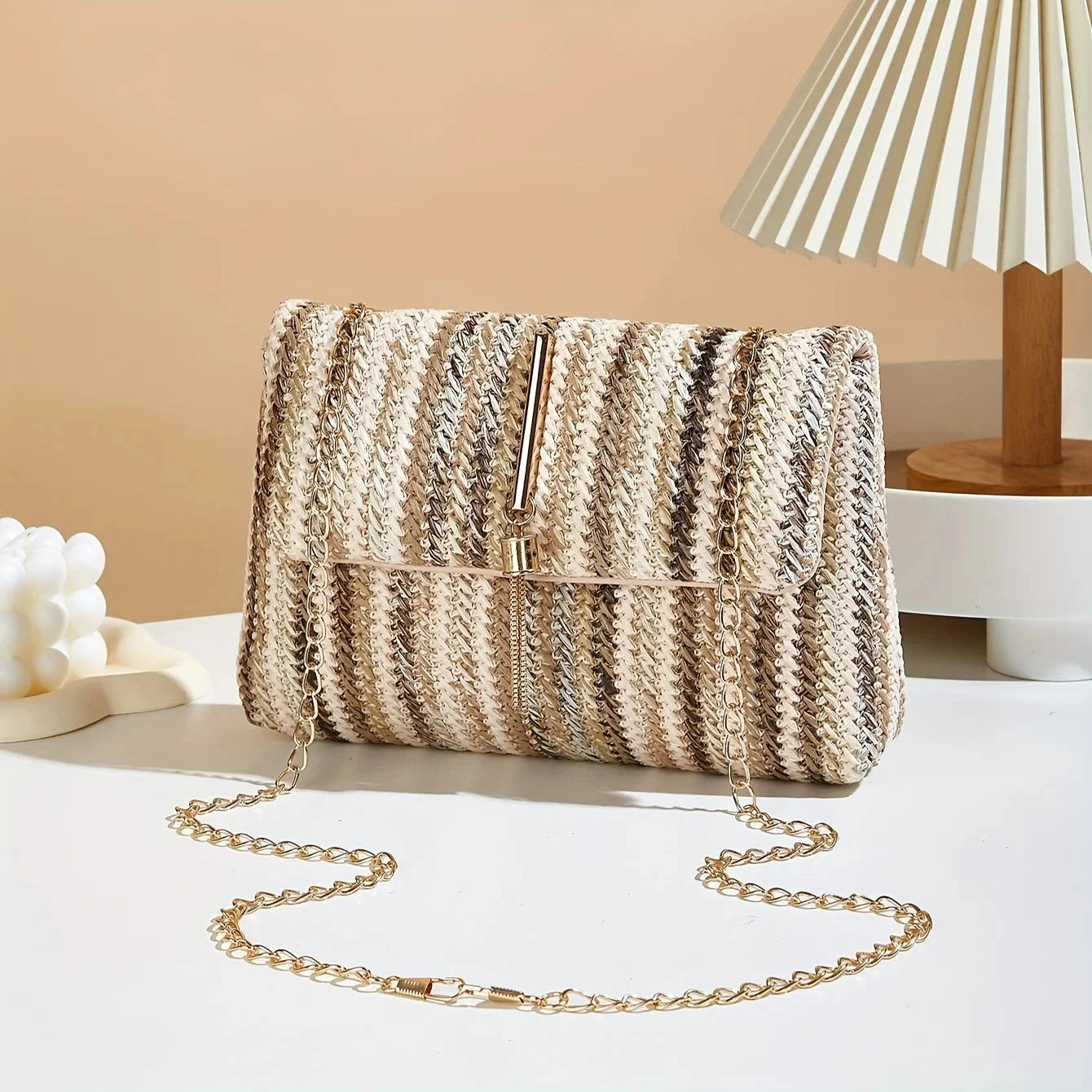 Chic Rainbow Stripe Straw Crossbody Bag for Women Adjustable Shoulder Strap Magnetic Closure Tassel Accent, Fashion Square Purse Good Vibrations