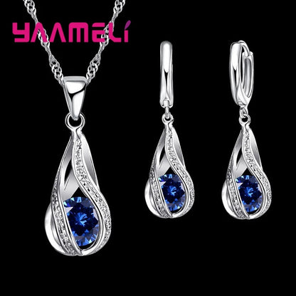 Hot Water Drop CZ 925 Sterling Silver Plated Jewelry Set For Women Pendant Necklace Hoop Earrings Wedding Party Ceremoey Anel Good Vibrations