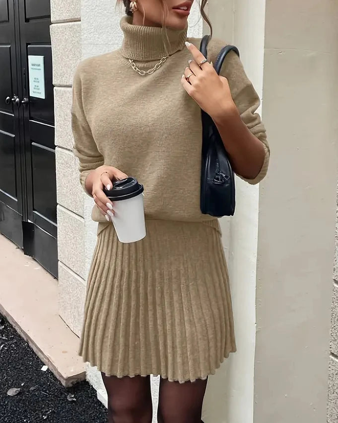 Women's Two-Piece Knit Set: Long-Sleeve Turtleneck Pullover and High-Waisted Pleated Mini Skirt – Elegant Autumn/Winter Outfit Good Vibrations