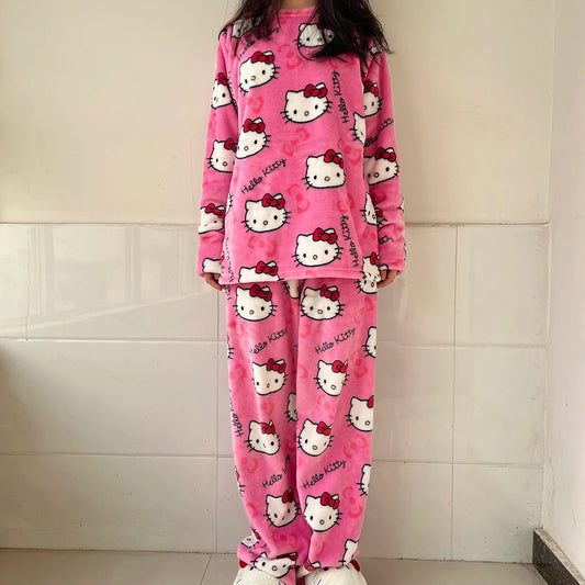 2Pcs/Set Anime Pajamas Pants Sanrio Hello Kitty Pajama Set Cartoon Cute Home Wear Couple Warm Loungewear Girl's Gift Good Vibrations