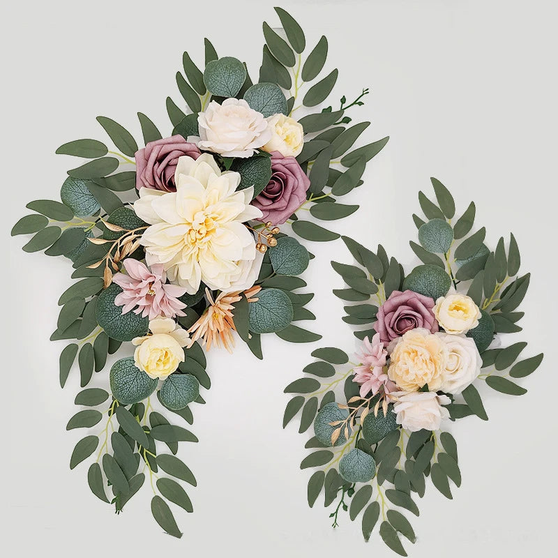 Yannew Artificial Wedding Arch Flowers Kit Boho Dusty Rose Blue Eucalyptus Garland Drapes for Wedding Decorations Welcome Sign Good Vibrations