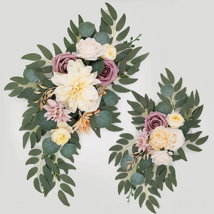 Yannew Artificial Wedding Arch Flowers Kit Boho Dusty Rose Blue Eucalyptus Garland Drapes for Wedding Decorations Welcome Sign Good Vibrations
