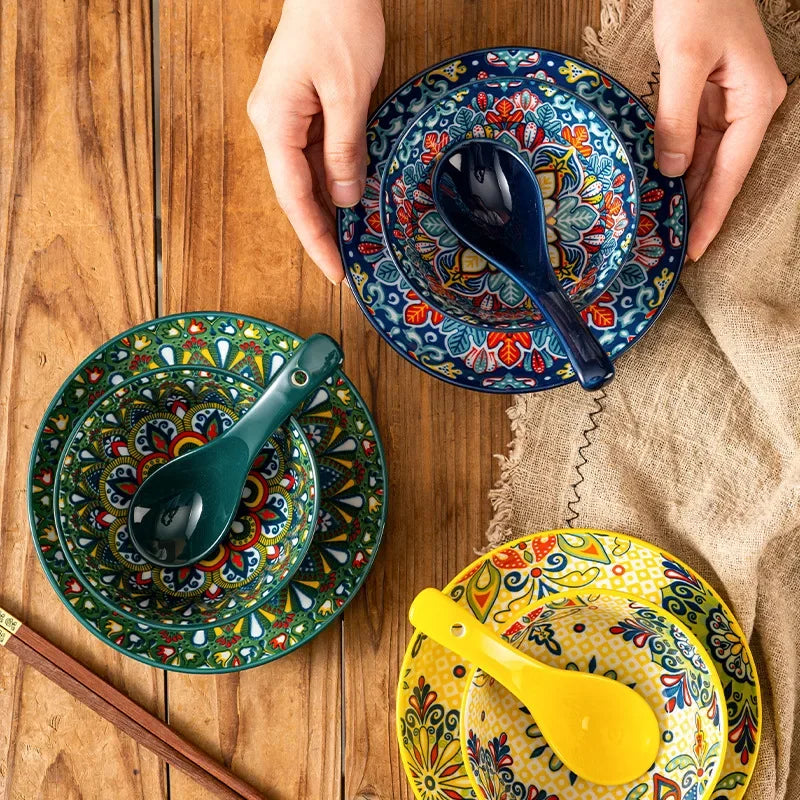 Ceramic Tableware Set Three-Piece Household Rice Bowl Plate Spoon Set Restaurant Hot Pot Barbecue Shop Commercial Good Vibrations