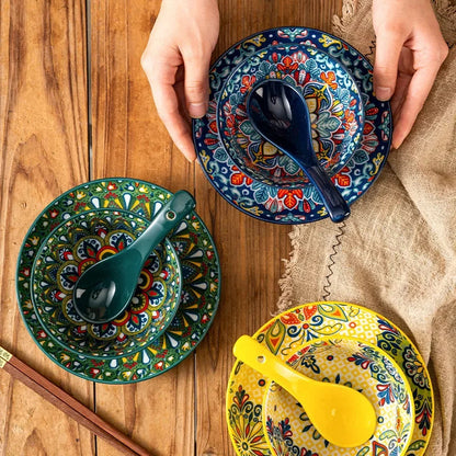 Ceramic Tableware Set Three-Piece Household Rice Bowl Plate Spoon Set Restaurant Hot Pot Barbecue Shop Commercial Good Vibrations