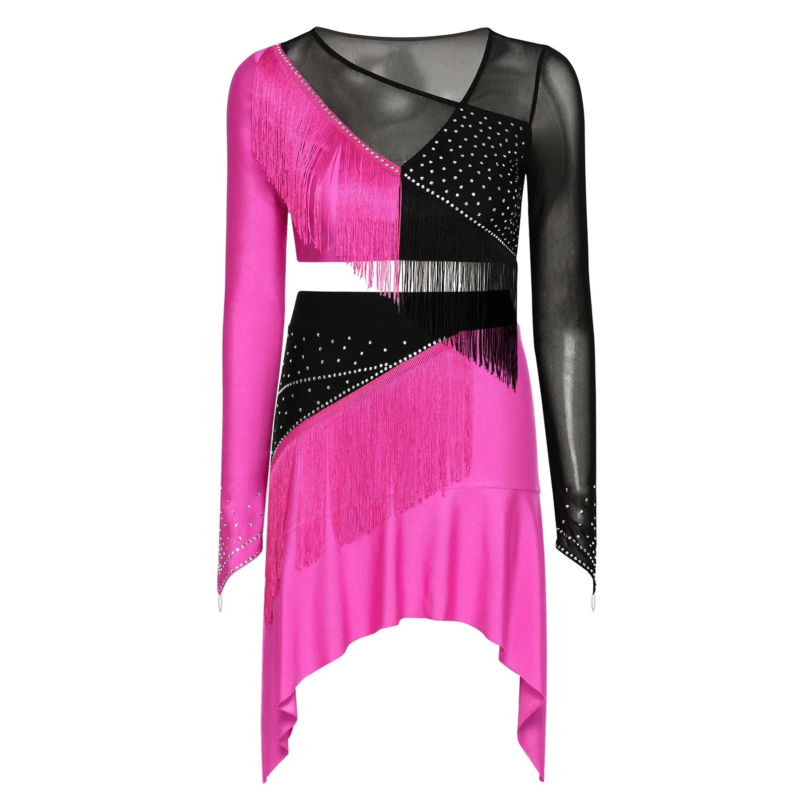 Women Lyrical Dance Outfit Set Modern Contemporary Dancewear Tassel Long Sleeve Mesh Crop Top with Skirted Leotard Ballet Outfit Good Vibrations