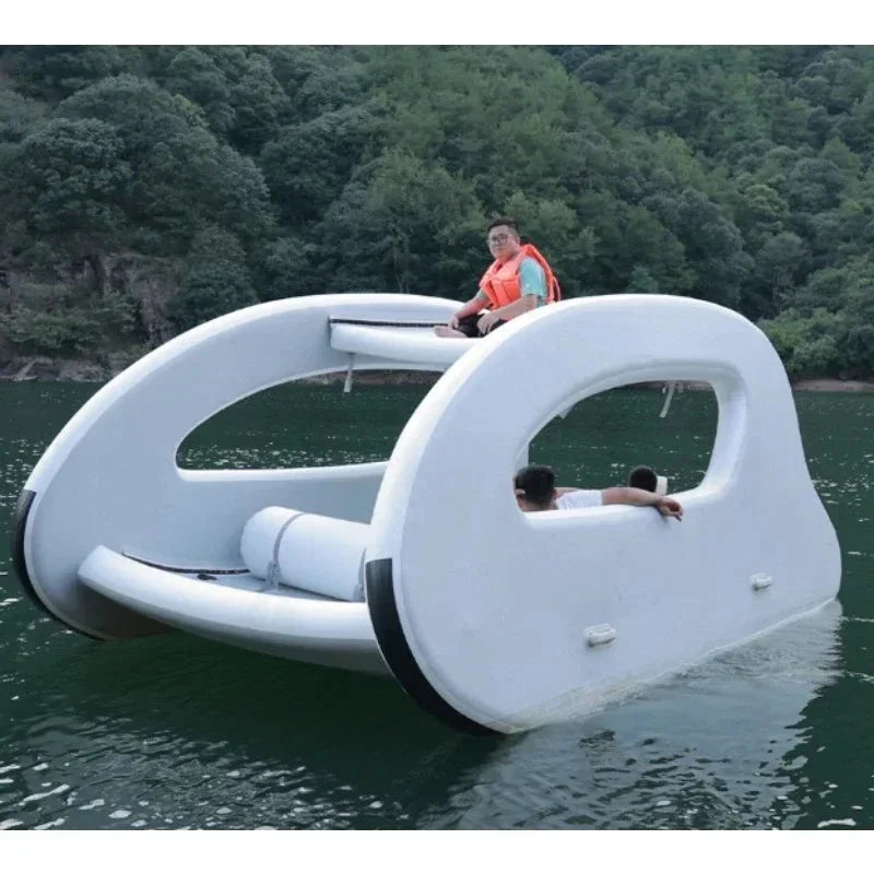 Floating Inflatable Electric Boat, Solar Powered, Sustainable Inflatable Houseboat, with Engine for Water Fun Good Vibrations