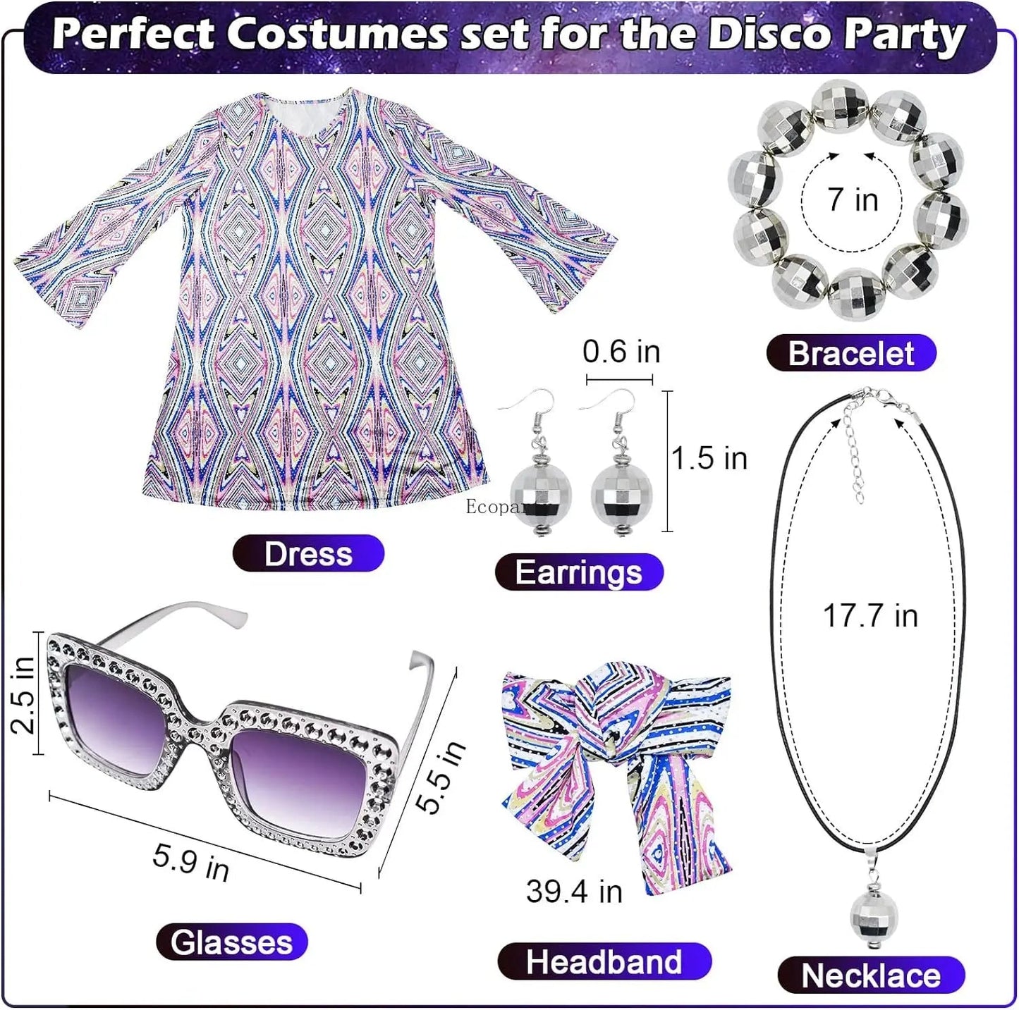 Disfraz 70s Women Disco Dress Hippie Costumes Necklace Earrings Glasses, 60's 70's Birthday Outfits, 1970s Prom Bling Dress Good Vibrations