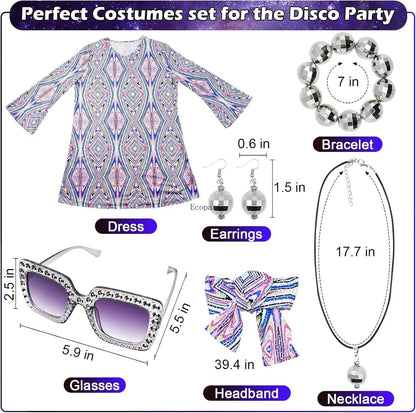 Disfraz 70s Women Disco Dress Hippie Costumes Necklace Earrings Glasses, 60's 70's Birthday Outfits, 1970s Prom Bling Dress Good Vibrations