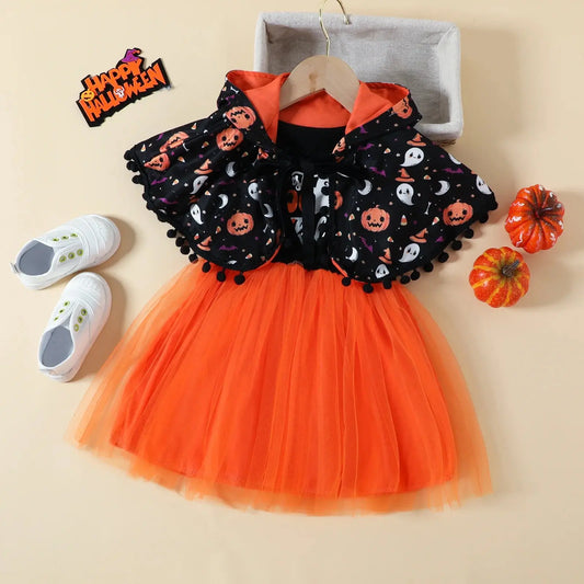 MINISO Pumpkin Ghost Face Halloween Costume Girl Cartoon Cape Mesh Vest Dress Set Autumn Festival Outfit Party Clothes 3-8 Years Good Vibrations