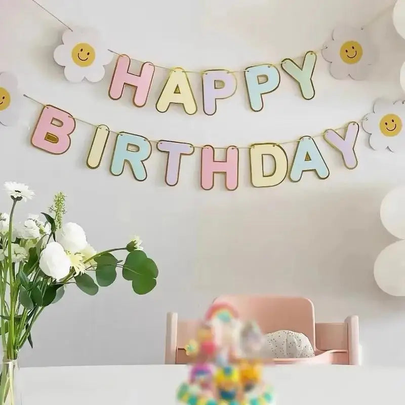 1Pc Daisy Happy Birthday Banner Colorful Flag Garland Kids Adults Birthday Scene Decor Photo Booth Prop Good Vibrations