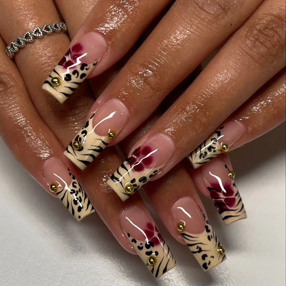 Black Leopard Print Light Yellow French Red Flowers Fake Nails Fashion Detachable Finished False Nails Press on Nails with Glue Good Vibrations