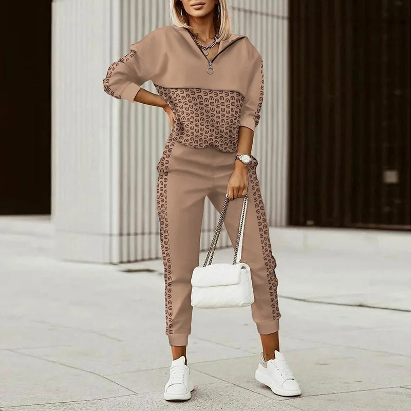 Spring Autumn Lady Casual Long Pants Suit Women Patchwork Zip Top Print Trousers Set Loose High Waist Pants Two Piece Set Outfit Good Vibrations