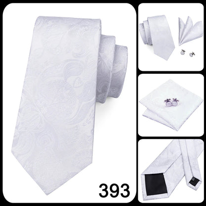 Men's Ties White Sliver Hanky Cufflinks Set Silk Neck ties For Men Wedding Party Business Mens Tie 2022 New Fashion Brand Hi-Tie Good Vibrations