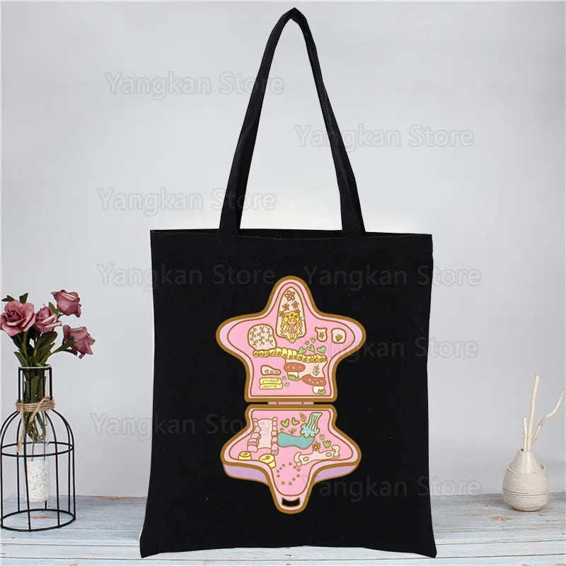Kawaii Polly Pocket Shopping Bag Women Canvas Tote Bags Printing Eco Bag Cartoon Shopper Shoulder Bags Black Good Vibrations