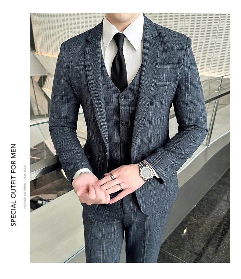 Quality Three-piece Suit Vest Trousers Set for Men Korean Fashion Slim Fit Business Casual Wedding Handsome Style