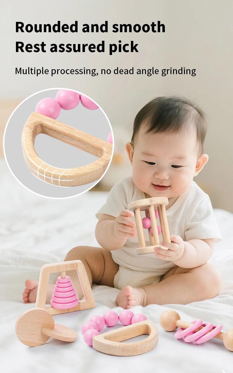 Montessori Wooden Toys Colorful Baby Rattle Set Safe Food Grade Wood Rattle Soother Bracelet Set Toddler Toy Bell Gift Good Vibrations