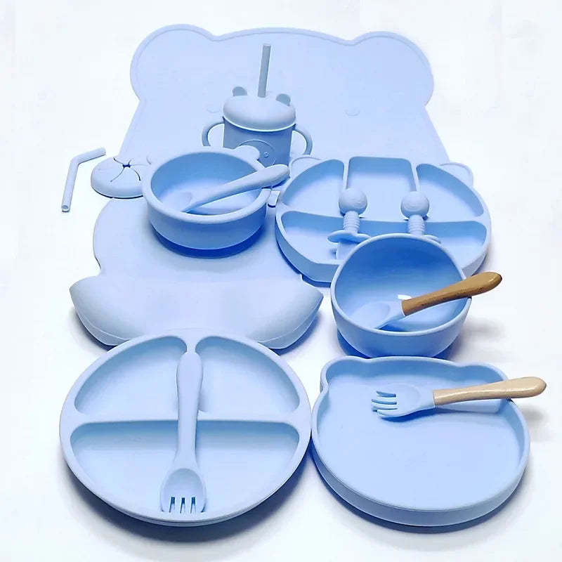 16pcs Dinner Plate Set Silicone Children's Tableware Set Baby Complementary Suction Cup Bowl Spoon Mother and Baby Good Vibrations