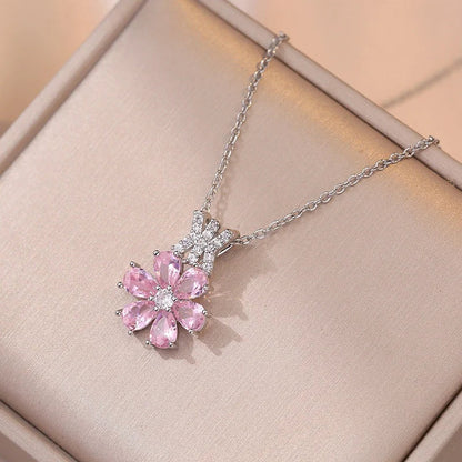 Charm Bridal Pink Zircon Big Flower Stud Earrings Pendants Necklaces For Women Silver Color Wedding Engagement Jewelry Sets Good Vibrations