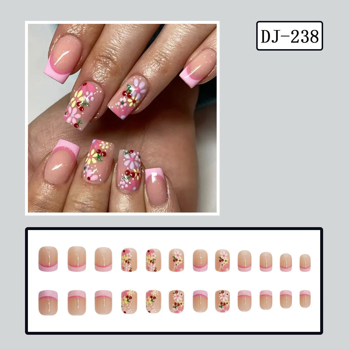 24pcs y2k Black French Press on Nails Short Square Pink Heart Fake Nails Full Cover Wearable Sweet Valentine's Day False Nails Good Vibrations