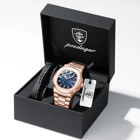 POEDAGAR Top Classic Men Wristwatch Waterproof Luminous Date Square Watch For Man Stainless Steel Sport Men's Quartz Watches+Box Good Vibrations