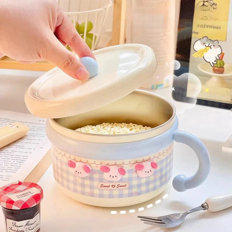 Cute Stainless Steel Ramen Bowl With Lid Kawaii Large Instant Noodles Fruit Salad Rice Soup Bowl Kitchen Tableware Women Gift Good Vibrations
