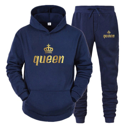 Fashion Long Sleeves KING And QUEEN Printed Hooded Suits Autumn Winter Couple Hoodie + Pants 2-Piece Suit Good Vibrations